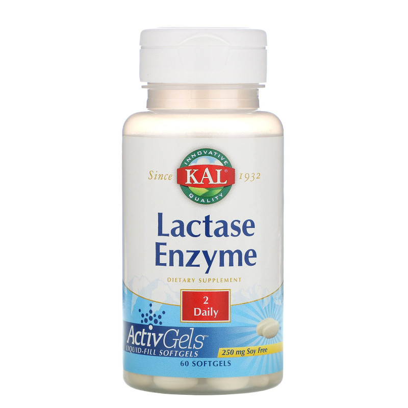KAL, Фермент лактаза, 250 мг, 60 мягких капсул