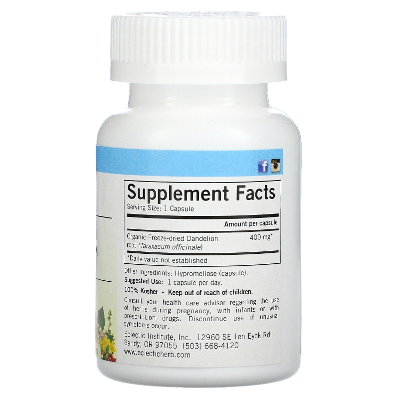 Eclectic Institute, Корень одуванчика, сырой, 400 мг, 90 вегетарианских капсул без ГМО