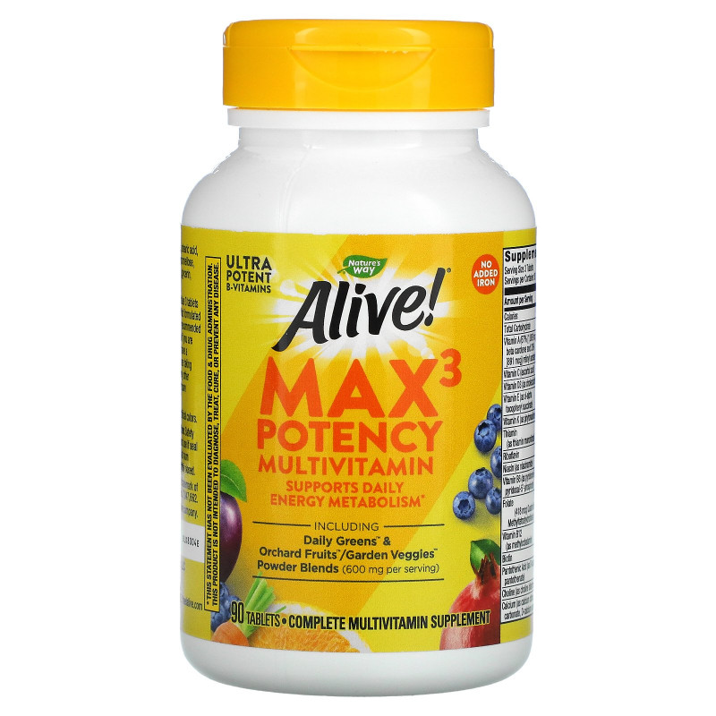 Nature's Way, Alive! Max3 Daily, Multi-Vitamin, No Added Iron, 90 Tablets