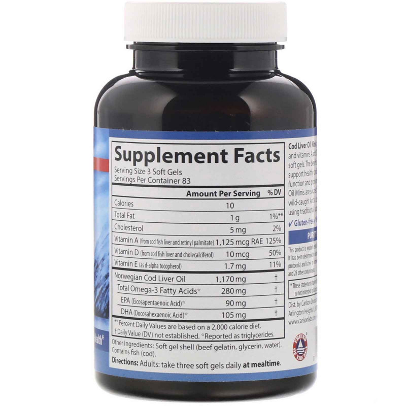 Carlson Labs, Мини-таблетки рыбьего жира из печени норвежской трески, 250 маленьких мягких таблеток