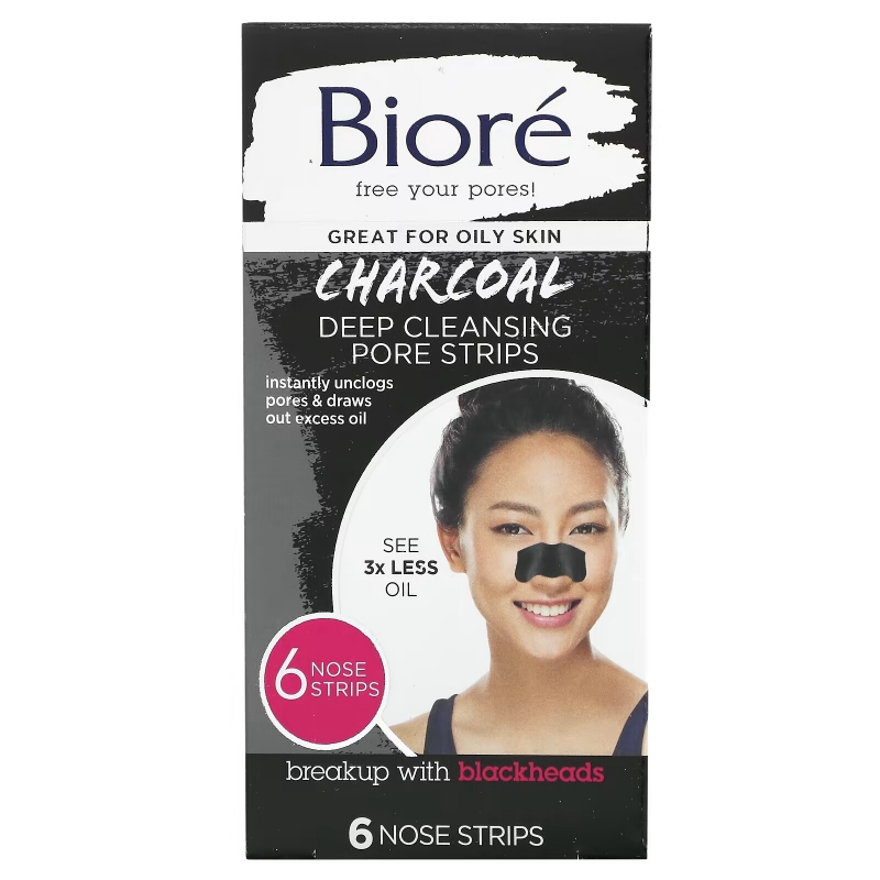 Biore, Deep Cleansing Pore Strips, Charcoal, 6 Nose Strips
