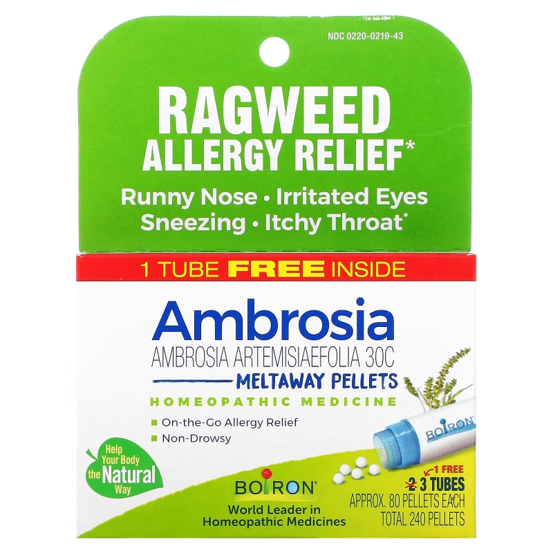 Boiron, Ambrosia, Ragweed Allergy Relief, Meltaway Pellets, 3 Tubes, 80 Pellets Each