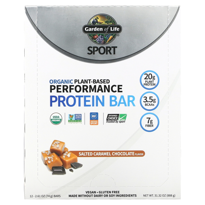 Garden of Life, Sport, Белковый Батончик на Органической Растительной Основе для Повышения Эффективности Тренировок, Карамель с Морской Солью, 12 Батончиков, по 2,5 унции (70 г) Каждый