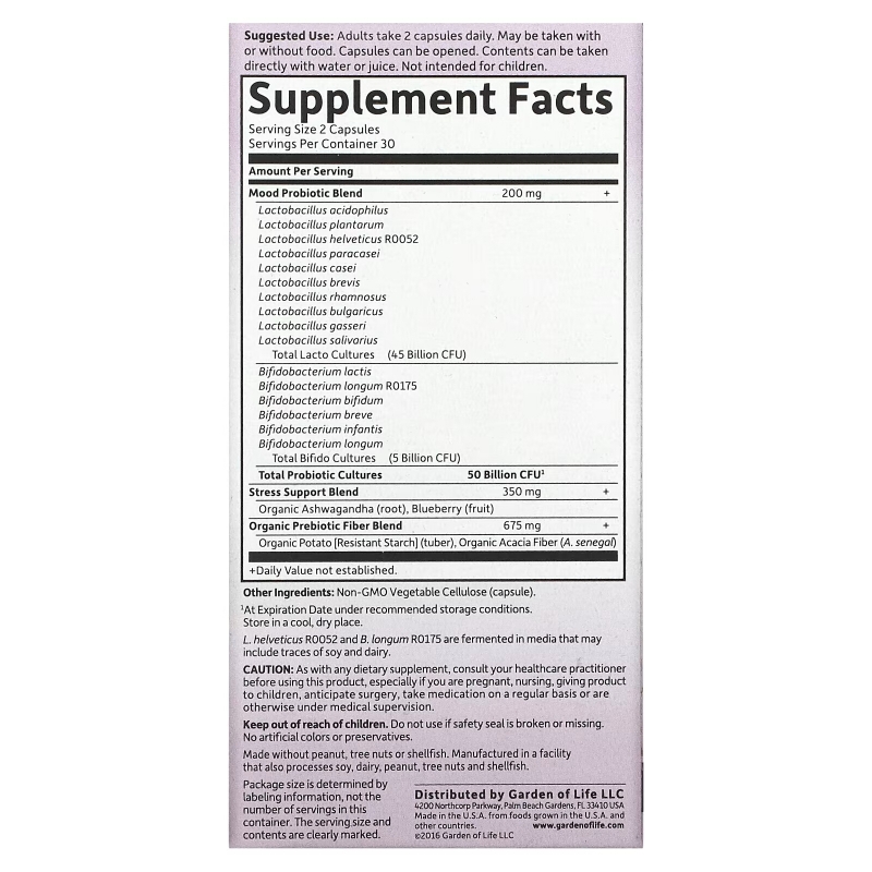 Garden of Life, Разработанные Доктором Пробиотики, Настроение+, 60 Вегетарианских Капсул