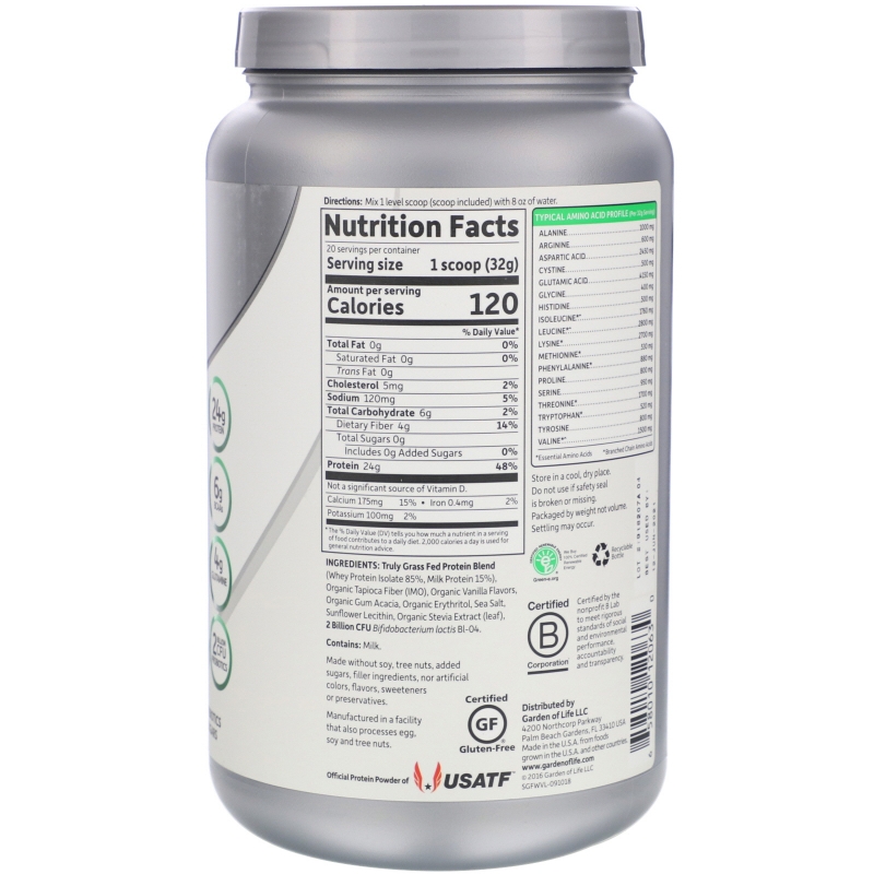 Garden of Life, Sport, Сертифицированный Сывороточный Протеин из Травы для Подножного Корма, Энергетическая Подзарядка, Ваниль, 23 унции (652 г)