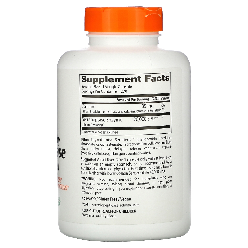 Doctor's Best Лучшая высокоэффективная серрапептаза 120000 SPUs 270 растительных капсул