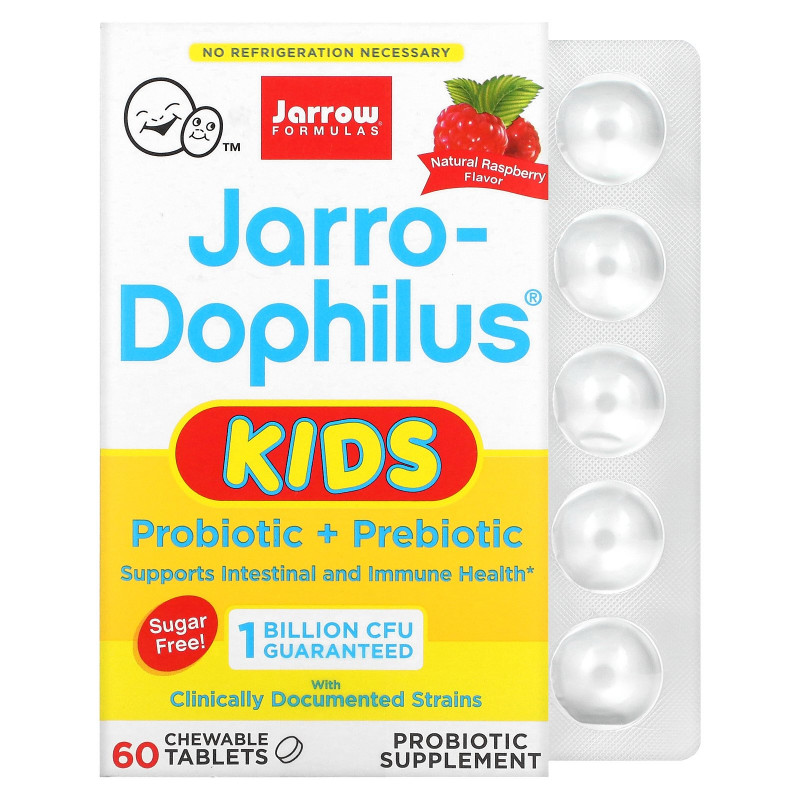 Jarrow Formulas, Jarro-Dophilus Kids, Probiotic + Prebiotic, Sugar Free, Natural Raspberry Flavor, 1 Billion Live Bacteria, 60 Chewable Tablets