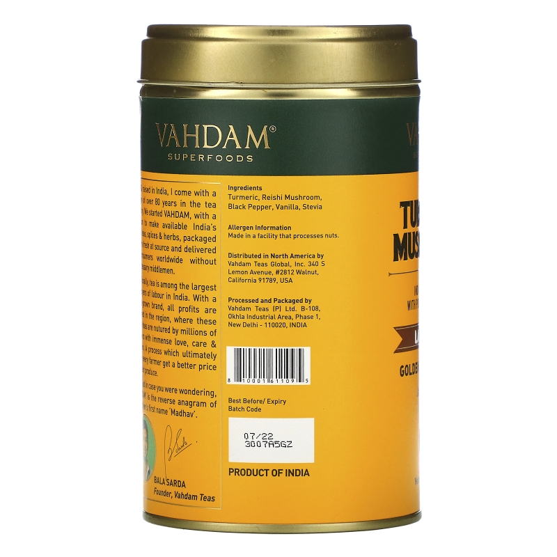 Vahdam Teas, Latte Mix, Turmeric Mushroom, 3.53 oz (100 g)