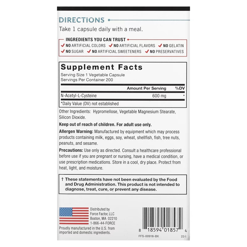 Force Factor, Fundamentals, NAC, N-Acetyl-L-Cysteine, 600 mg, 200 Vegetable Capsules