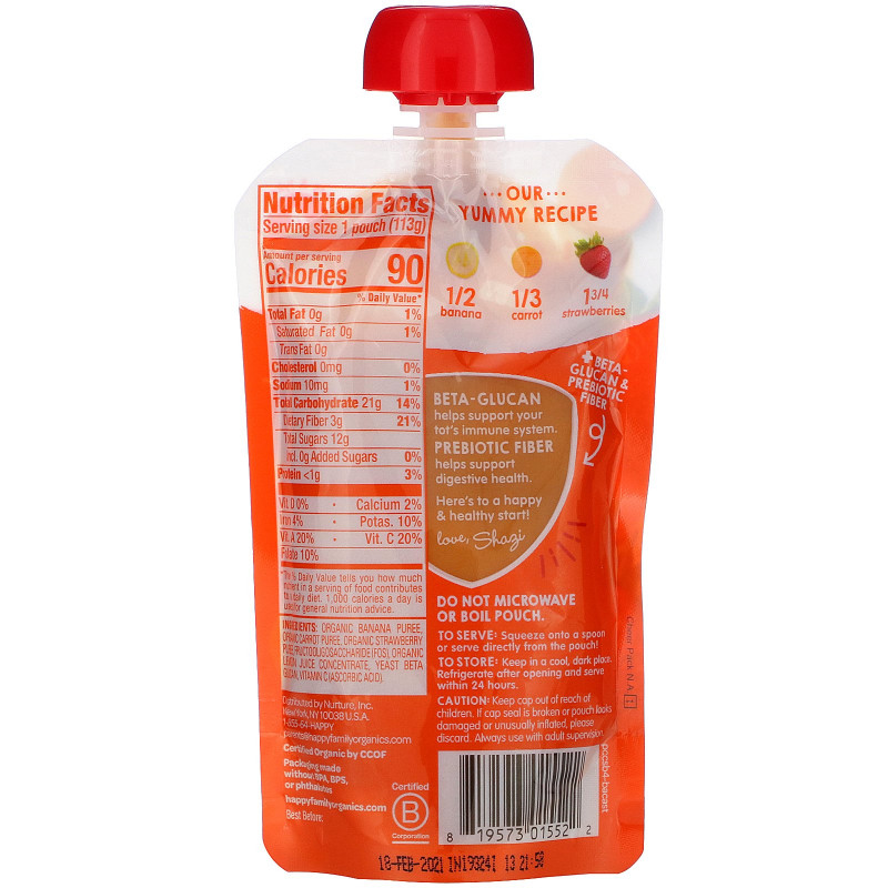 Happy Family Organics, Happy Tot, Super Bellies, Organic Bananas, Carrots & Strawberries, 4 oz (113 g)