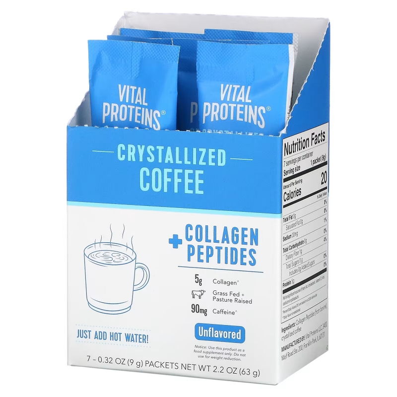 Vital Proteins, Crystallized Coffee + Collagen Peptides, Unflavored, 7 Packets, 0.32 oz (9 g) Each