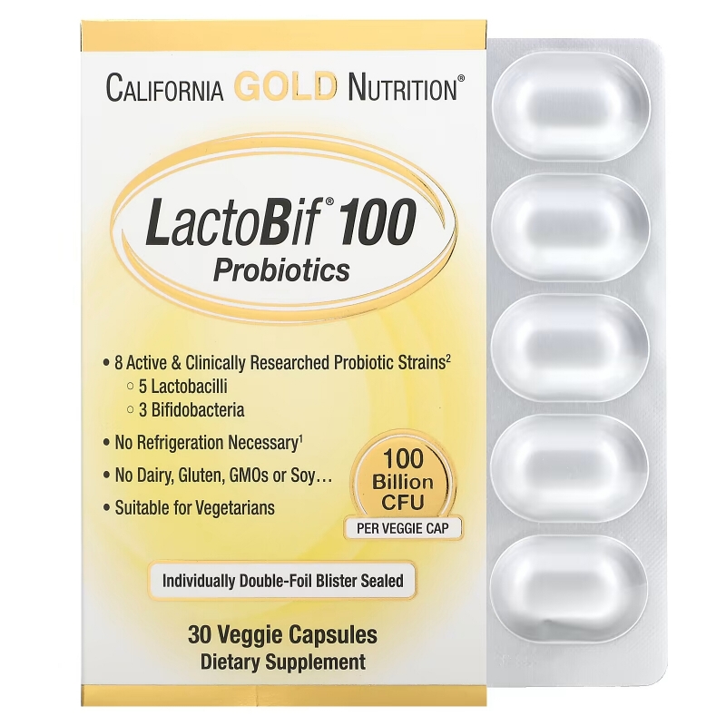 California Gold Nutrition, LactoBif 100 млрд CUF в блистере из двойной фольги, в упаковке 30 капсул