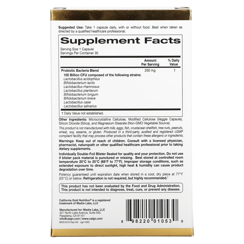 California Gold Nutrition, LactoBif 100 млрд CUF в блистере из двойной фольги, в упаковке 30 капсул