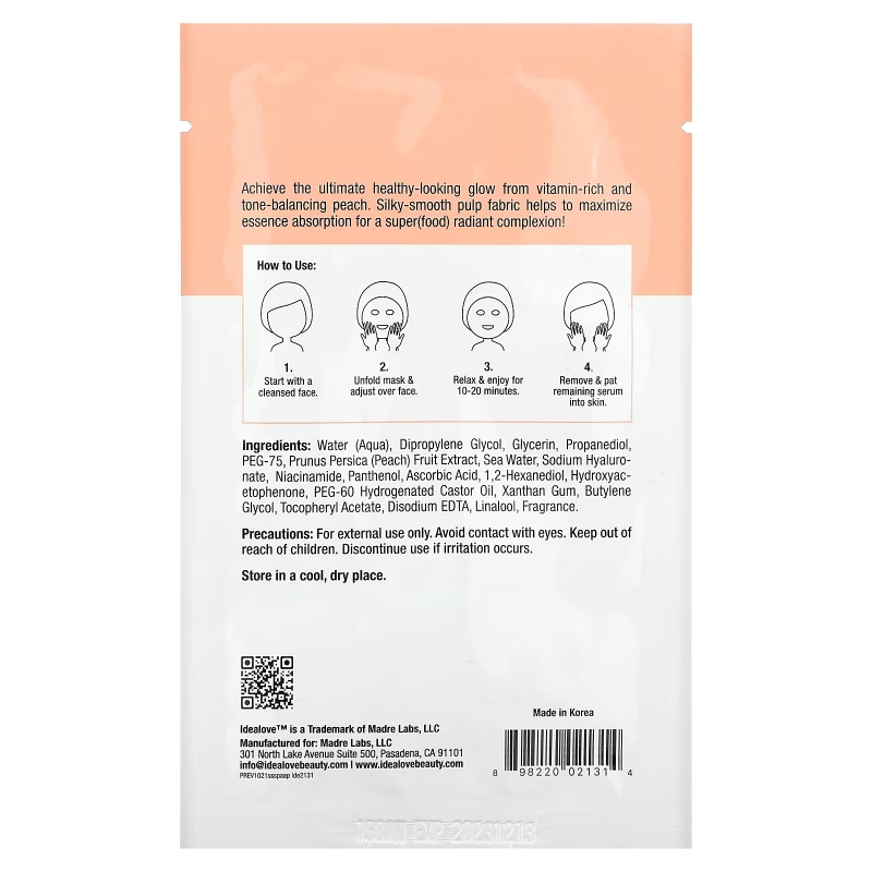 Idealove, Superfood Skin Savior, Pretty as a Peach, 1 Beauty Sheet Mask, 0.68 fl oz (20 ml)